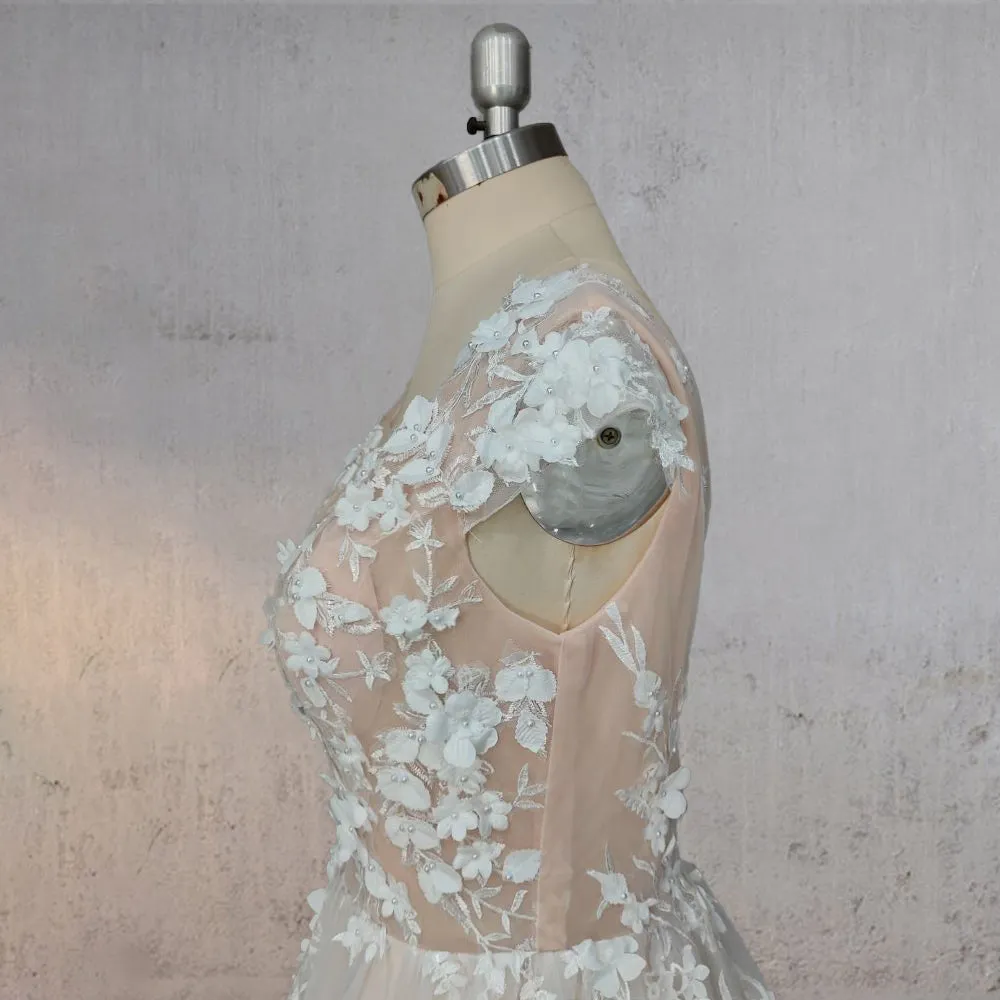 A-Line Champagne Floral 3D Lace Fantasy Wedding Dress sold by KissProm product image thumbnail 5