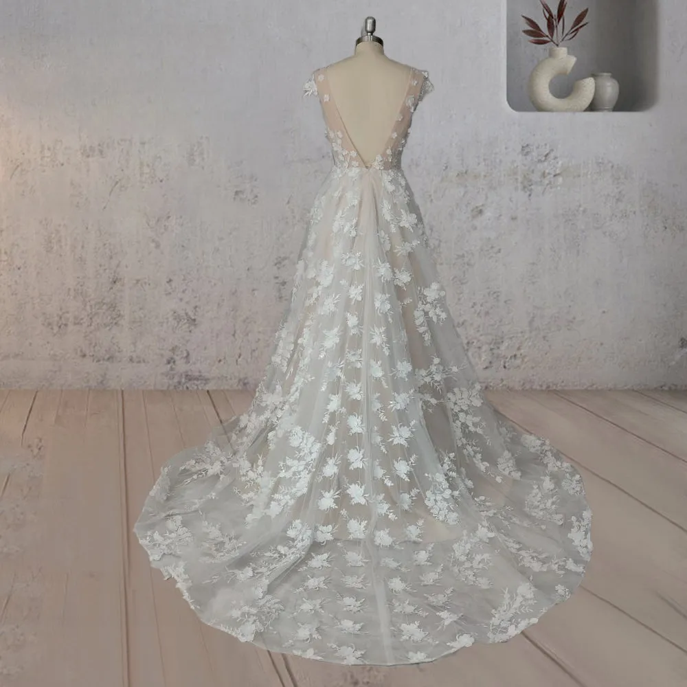 A-Line Champagne Floral 3D Lace Fantasy Wedding Dress sold by KissProm product image thumbnail 3