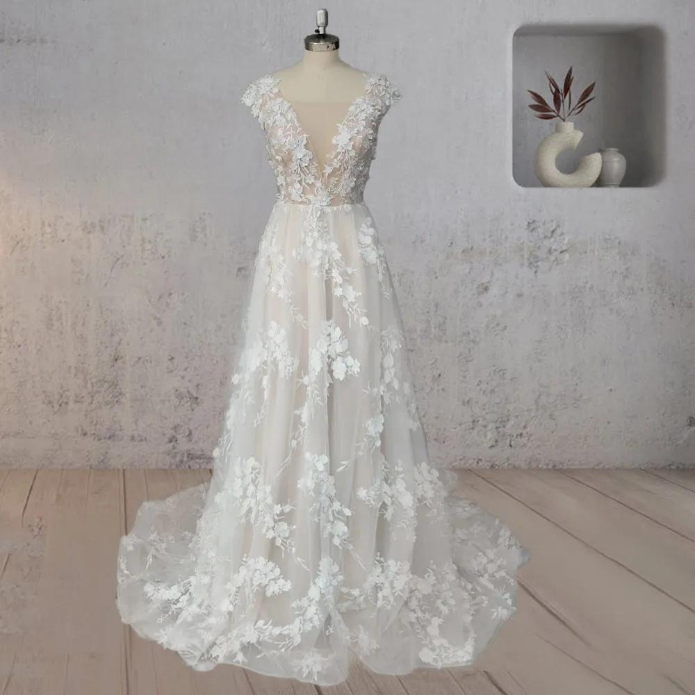 A-Line Champagne Floral 3D Lace Fantasy Wedding Dress sold by KissProm