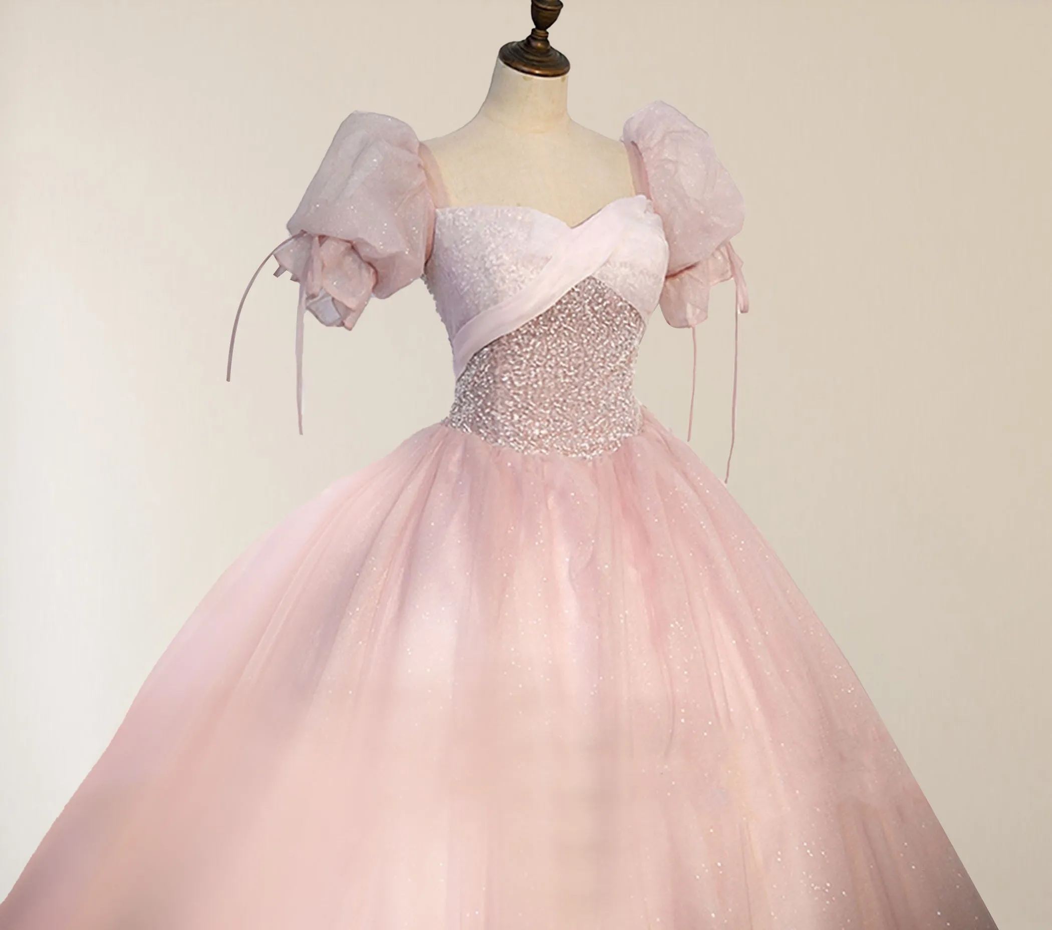 Ball-Gown Tulle Pink Sweetheart Floor-Length Graduation Birthday Party Dress with Sequined sold by KissProm product image thumbnail 3