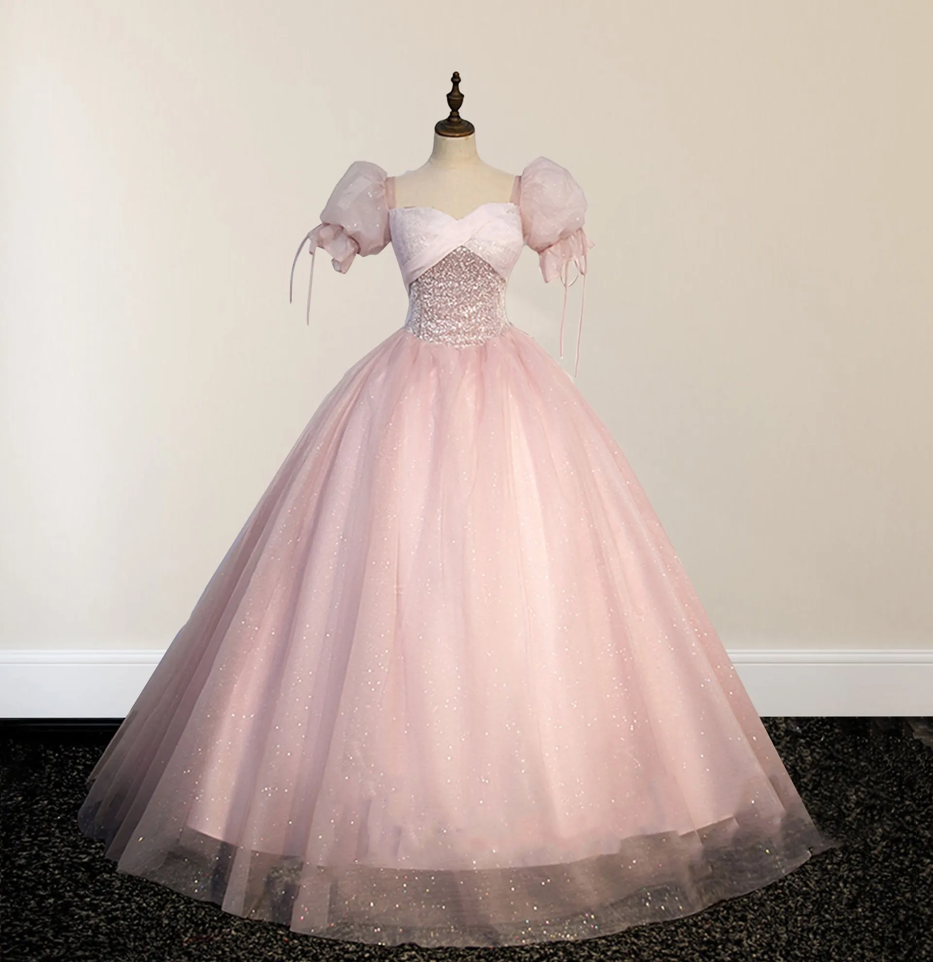 Ball-Gown Tulle Pink Sweetheart Floor-Length Graduation Birthday Party Dress with Sequined sold by KissProm