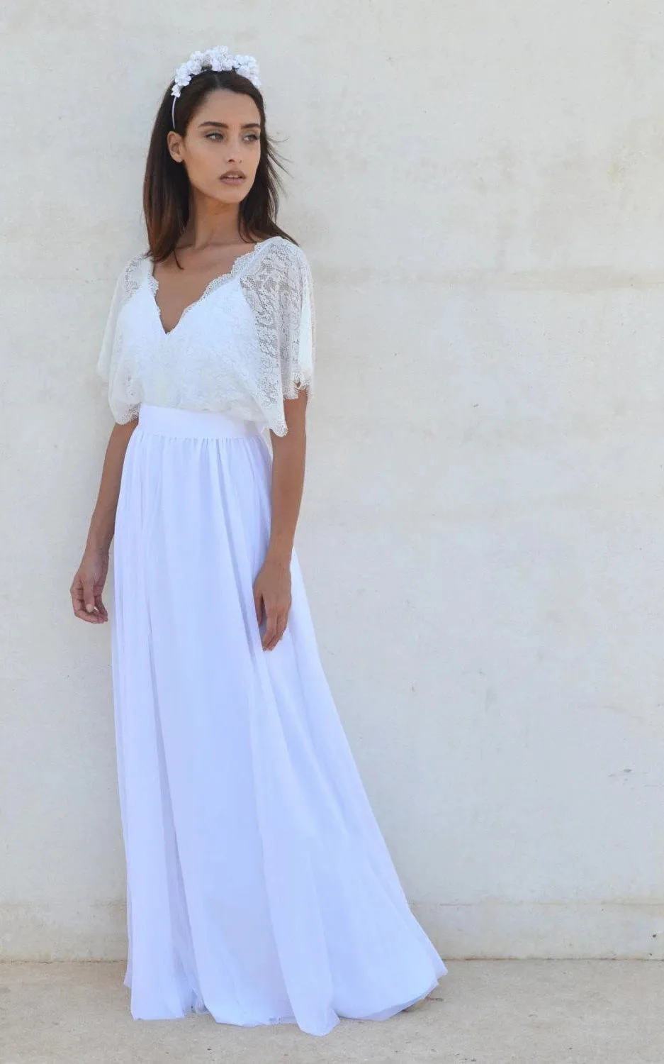 Bohemian V Neck Cleavage Lace Sleeves Wedding Dress sold by KissProm