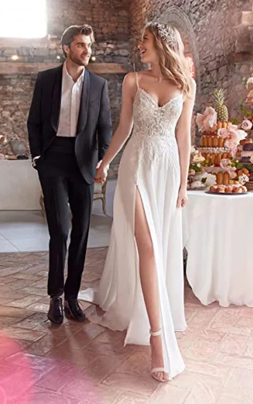 A-Line Spaghetti Chiffon Wedding Dress Simple Bohemian Elegant Summer Beach Garden With Open Back And Sleevesless And Split Front sold by KissProm