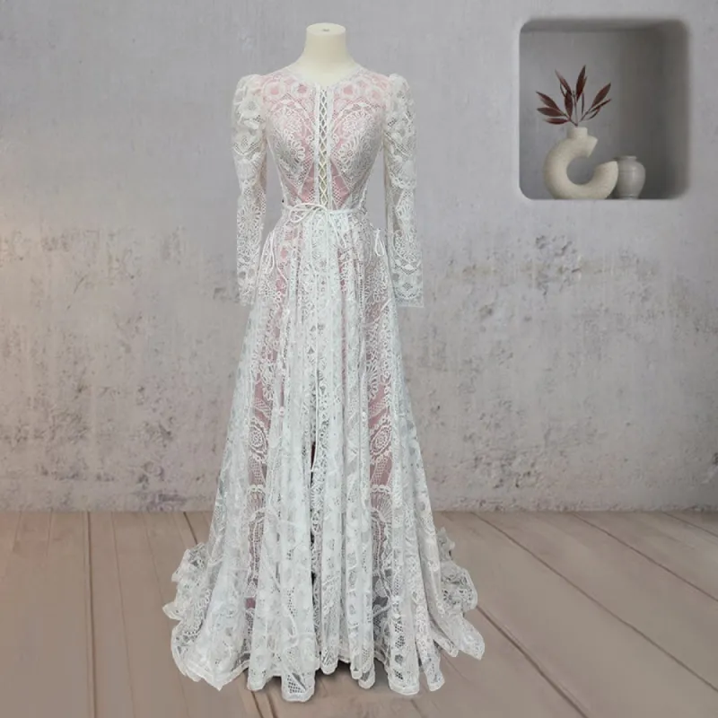 Ruched Bohemian Lace Round Neck Wedding Dress sold by KissProm