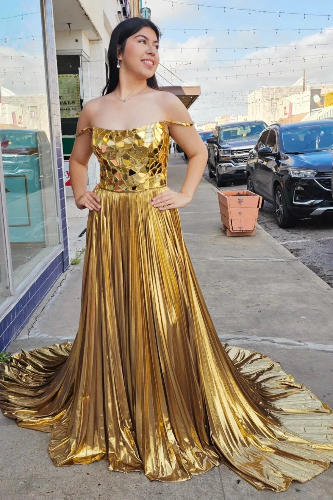 Yesenia | Metallic Off-the-Shoulder Pleated Prom Dress with Broken Mirrors sold by KissProm