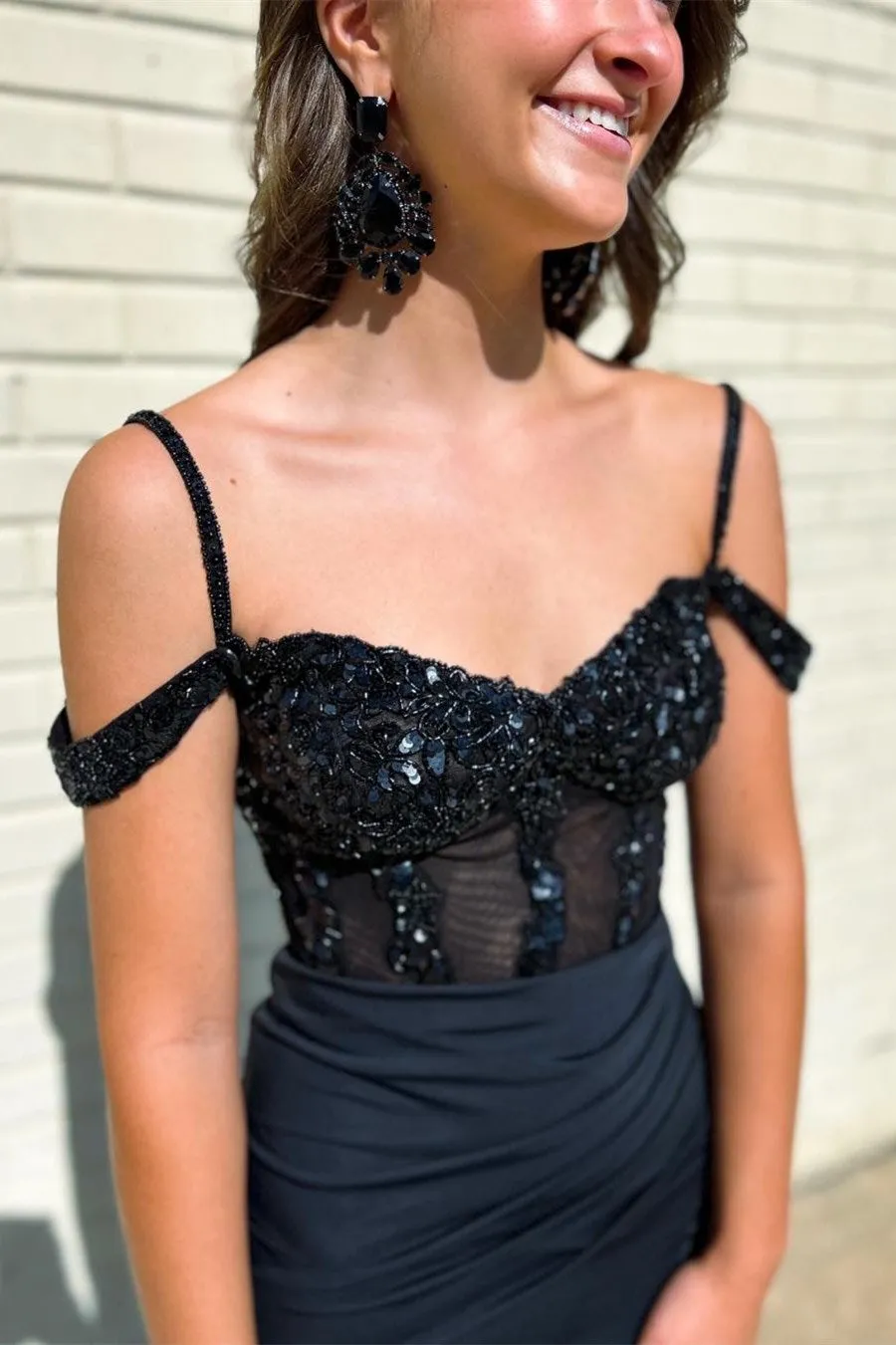 Black Sequin Cold-Shoulder Mermaid Long Formal Dress with Slit sold by KissProm product image thumbnail 2
