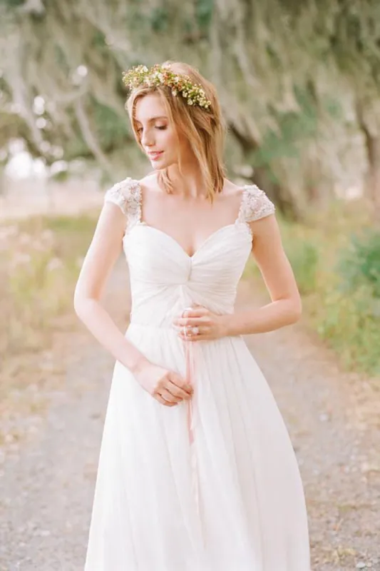 A-line Chiffon Cap Sleeves Wedding Dress with Appliques sold by KissProm