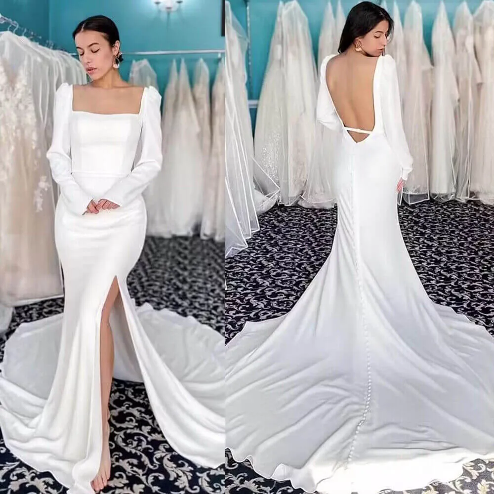 Mermaid High Side Split Backless Long Sleeves Square Neck Satin Wedding Dresses sold by KissProm product image thumbnail 3