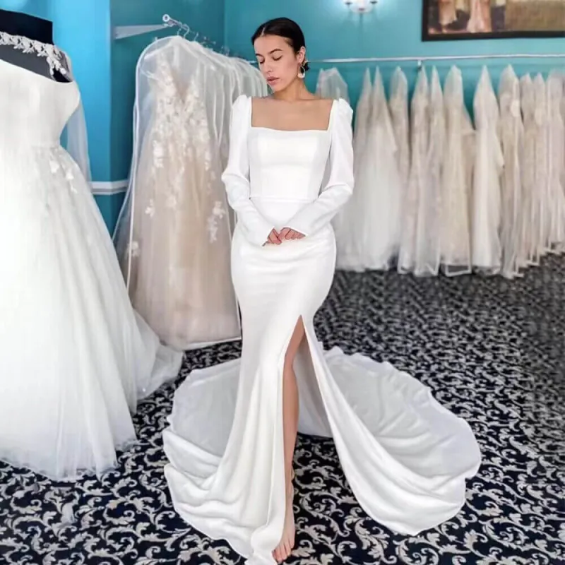 Mermaid High Side Split Backless Long Sleeves Square Neck Satin Wedding Dresses sold by KissProm