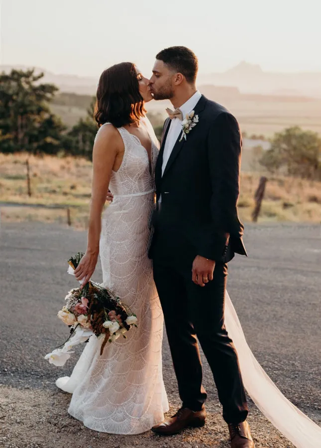 Bohemian Lace wedding Dresses Mermaid V-Neck Backless Bridal Gowns sold by KissProm product image thumbnail 2