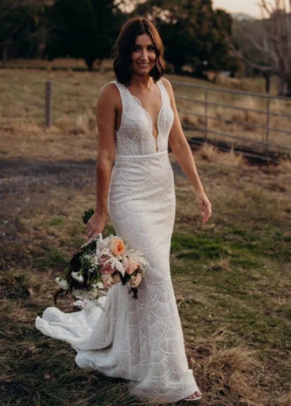 Bohemian Lace wedding Dresses Mermaid V-Neck Backless Bridal Gowns sold by KissProm