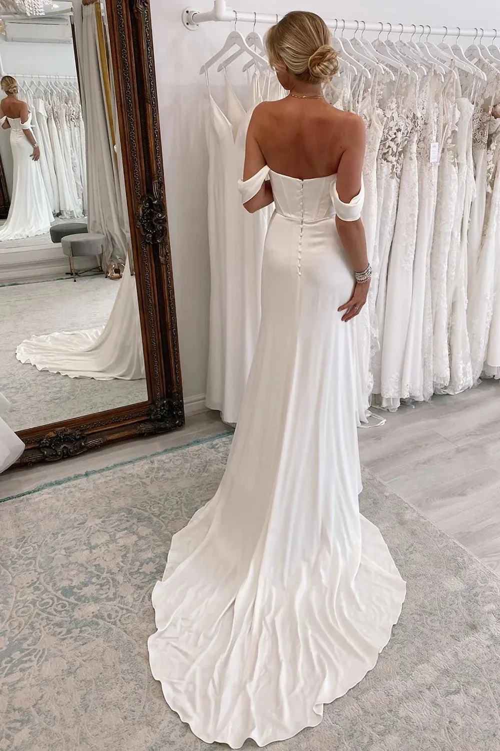 Simple White Long Boho Mermaid Wedding Dress with Slit sold by KissProm product image thumbnail 2