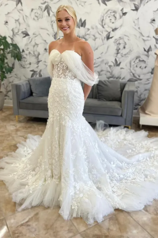 Ivory Tulle Appliques Off-the-Shoulder Mermaid Long Wedding Dress sold by KissProm