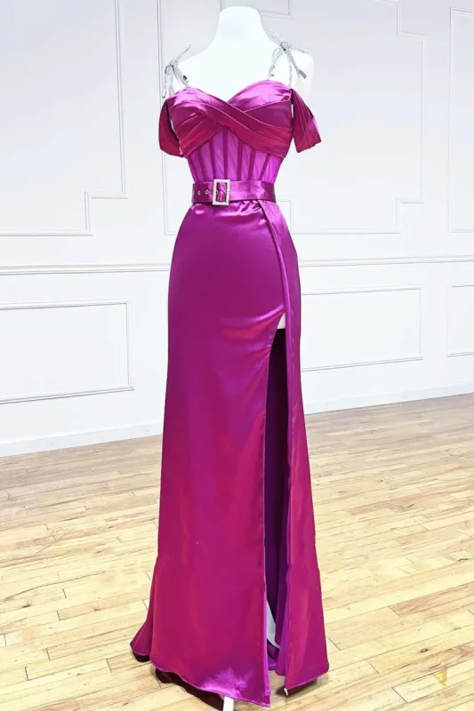 Magenta Sweetheart Belted A-Line Prom Dress with Slit sold by KissProm