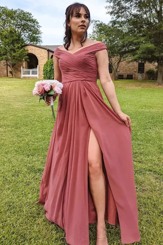 Chiffon Off-the-Shoulder Long Bridesmaid Dress with Slit sold by KissProm