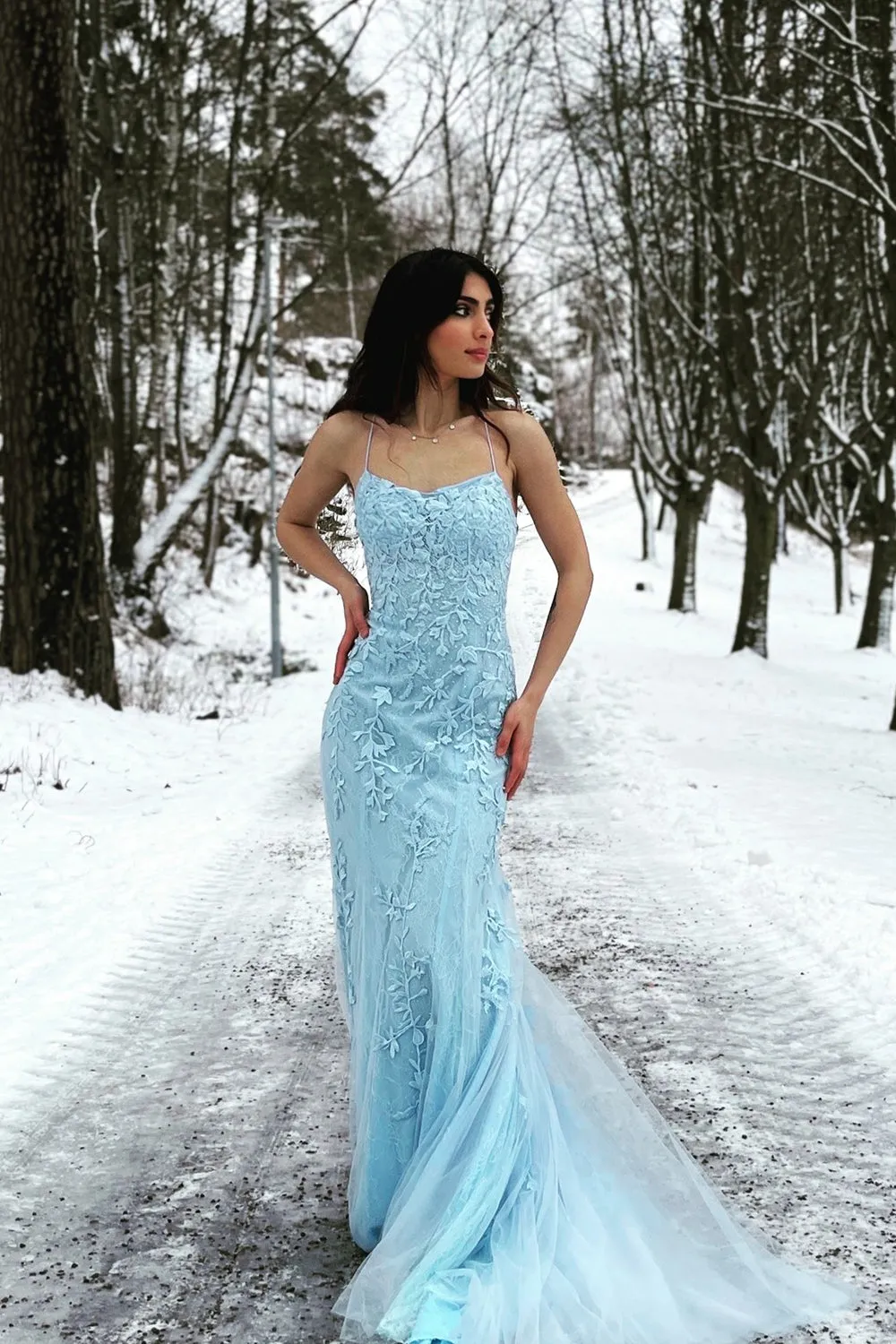 Blue Mermaid Spaghetti Straps Criss Cross Back Long Prom Dress sold by KissProm