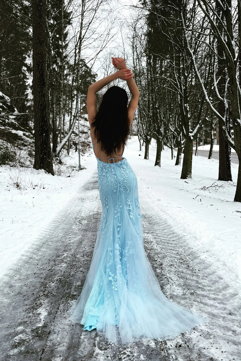 Blue Mermaid Spaghetti Straps Criss Cross Back Long Prom Dress sold by KissProm product image thumbnail 2