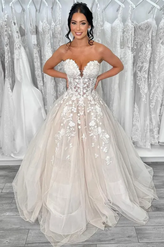 Ball Gown Sweetheart Tulle Wedding Dresses with Appliques sold by KissProm