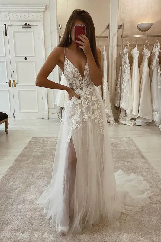 A-line Attractive V-neck Tulle Appliques Bohemian Wedding Dress sold by KissProm