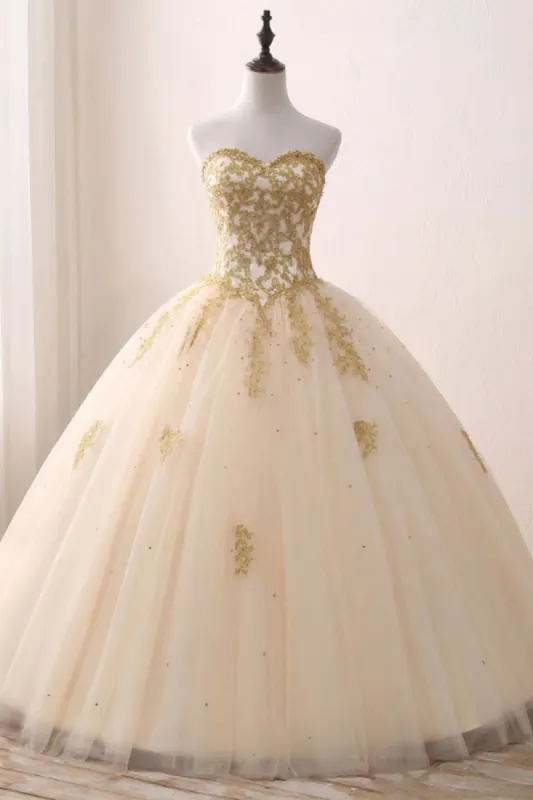 Quinceanera Dress Ivory Ball Gown Sweetheart Strapless Sleeveless Appliques Beading Prom Dresses sold by KissProm