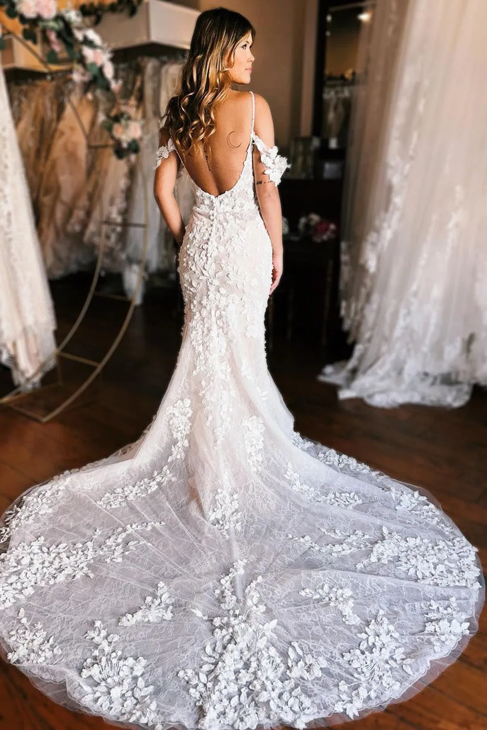 Rivka | Champagne Off the Shoulder Mermaid Wedding Dress with Train sold by KissProm product image thumbnail 2