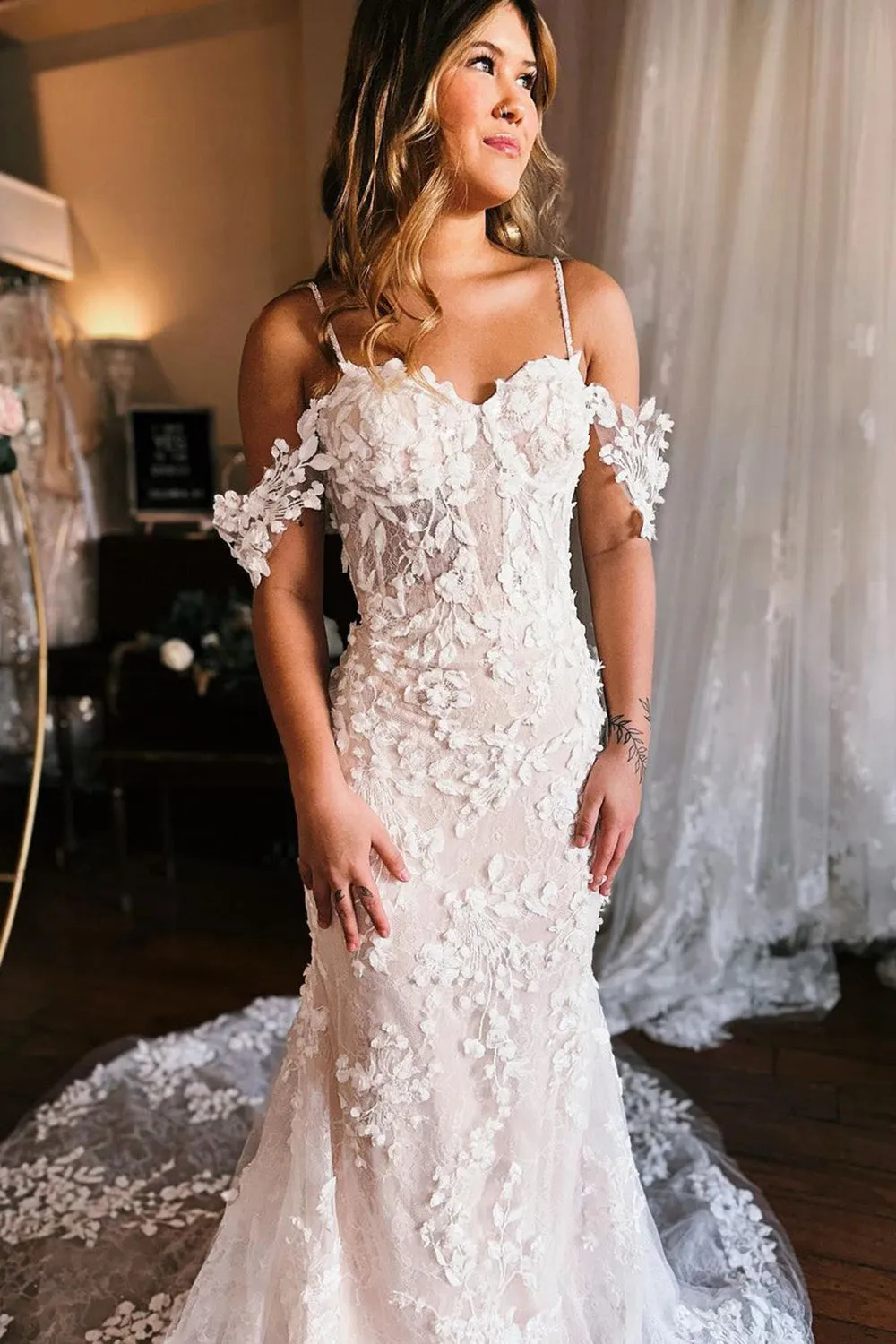 Rivka | Champagne Off the Shoulder Mermaid Wedding Dress with Train sold by KissProm product image thumbnail 3