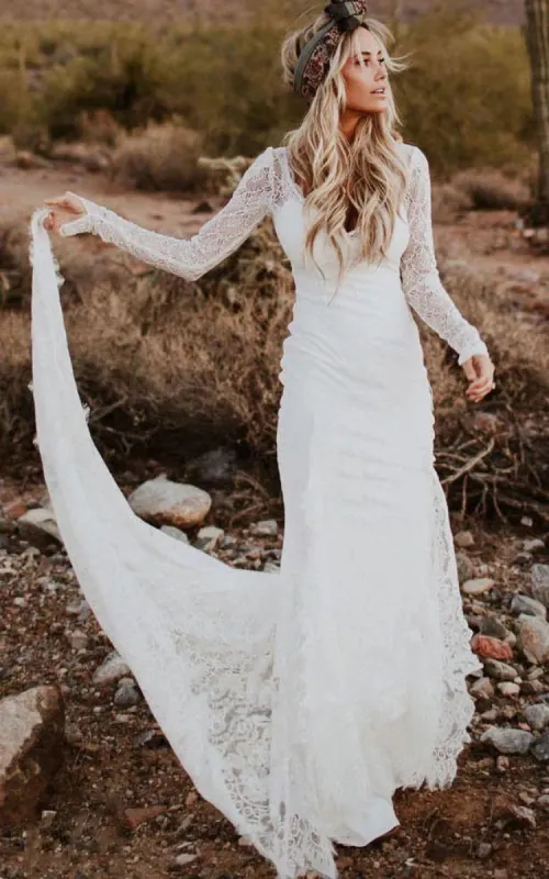 Vintage Sheath Satin V-neck Long Sleeve Wedding Dress sold by KissProm