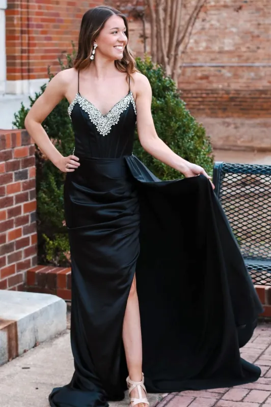 Markie | Black Rhinestone V-Neck Long Formal Dress with Attached Train sold by KissProm