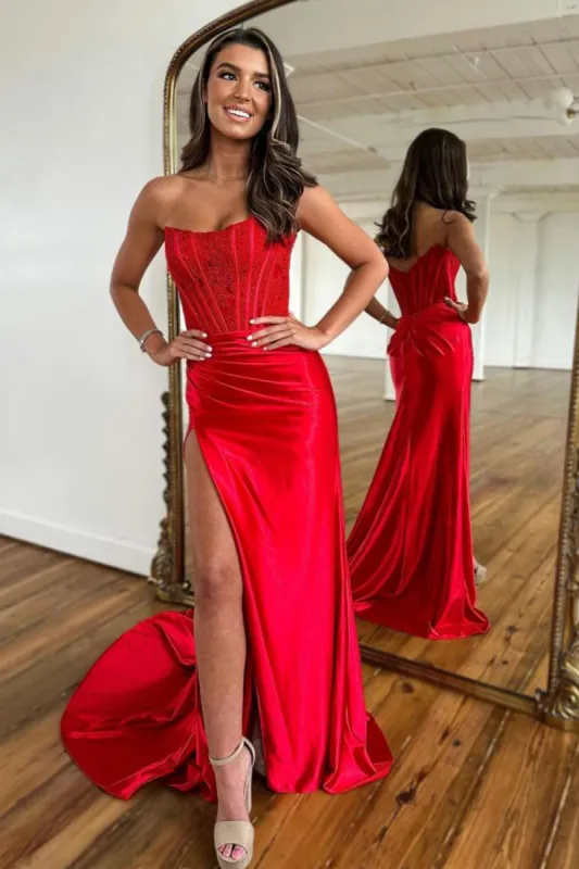 open lace back dress Elegant Red Straps Corset Back Long Prom Dress with Slit – FancyVestido main image 0