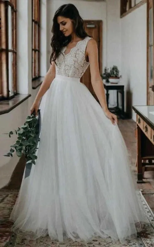 Rustic Boho Elegant A Line Tulle Lace V-neck Open Back Floor Length Sleeveless Wedding Dress sold by KissProm