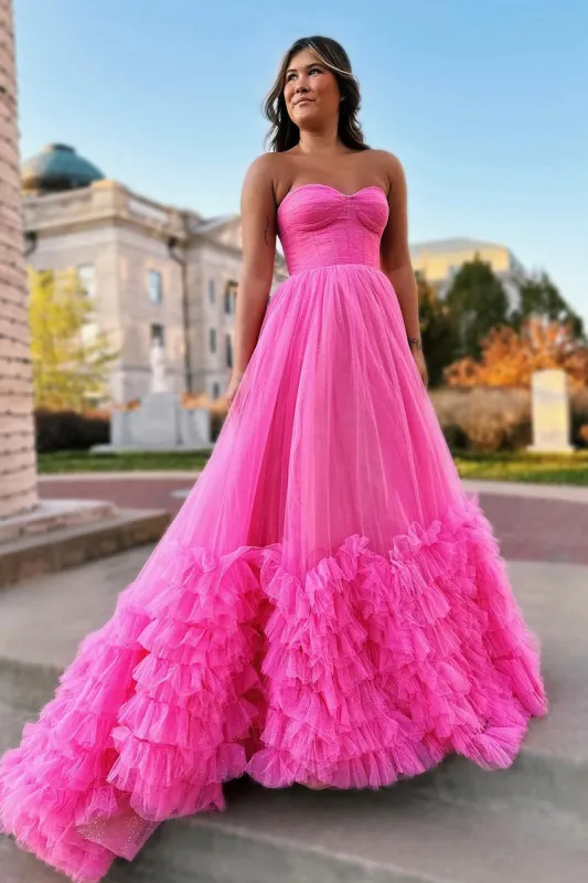 Rachael | Pink Sweetheart Tiered Tulle Long Prom Dresses sold by KissProm