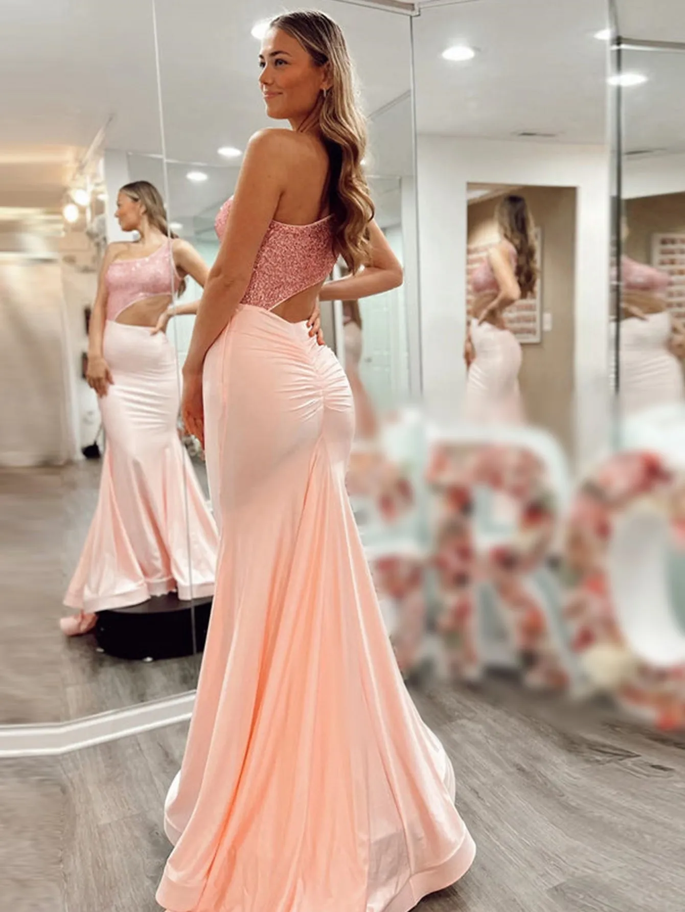 Pink Glitter Mermaid One Shoulder Cutout Long Prom Dress sold by KissProm product image thumbnail 2