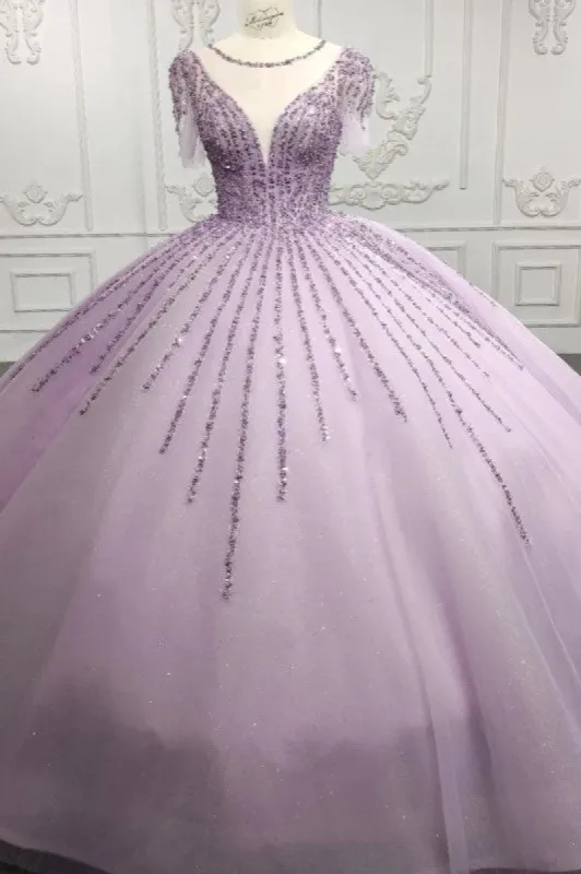 Quinceanera Dress Princess Sheer Neck Long Prom Dresses Short Sleeves Ball Gown sold by KissProm