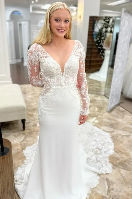 Maeve | White Appliques Plunge V Mermaid Bridal Gown with Long Sleeves sold by KissProm