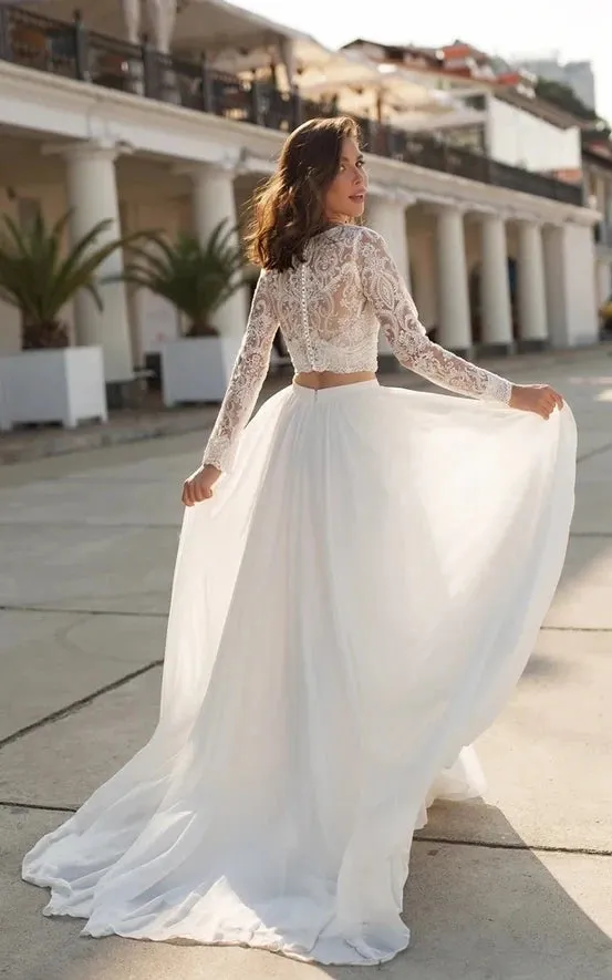 Iroha | Two Piece V-neck Wedding Dress with Sweep Train Lace Long Sleeves sold by KissProm product image thumbnail 2