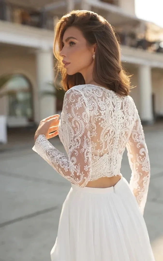 Iroha | Two Piece V-neck Wedding Dress with Sweep Train Lace Long Sleeves sold by KissProm product image thumbnail 3