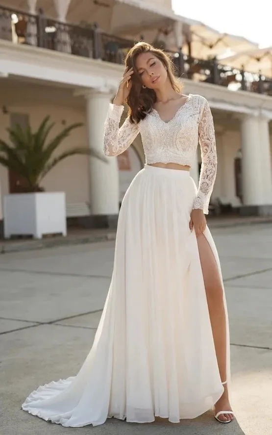 Iroha | Two Piece V-neck Wedding Dress with Sweep Train Lace Long Sleeves sold by KissProm