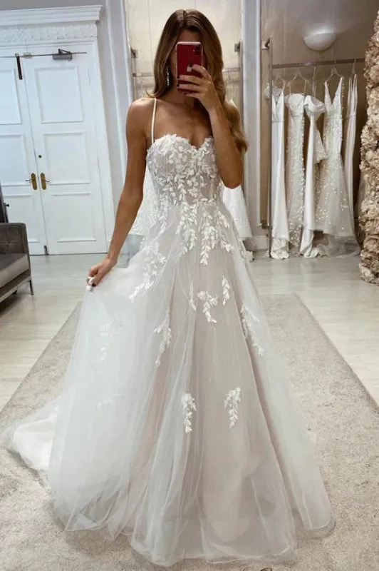 Sweetheart Spaghetti Straps Tulle A-Line With Train Wedding Dress sold by KissProm