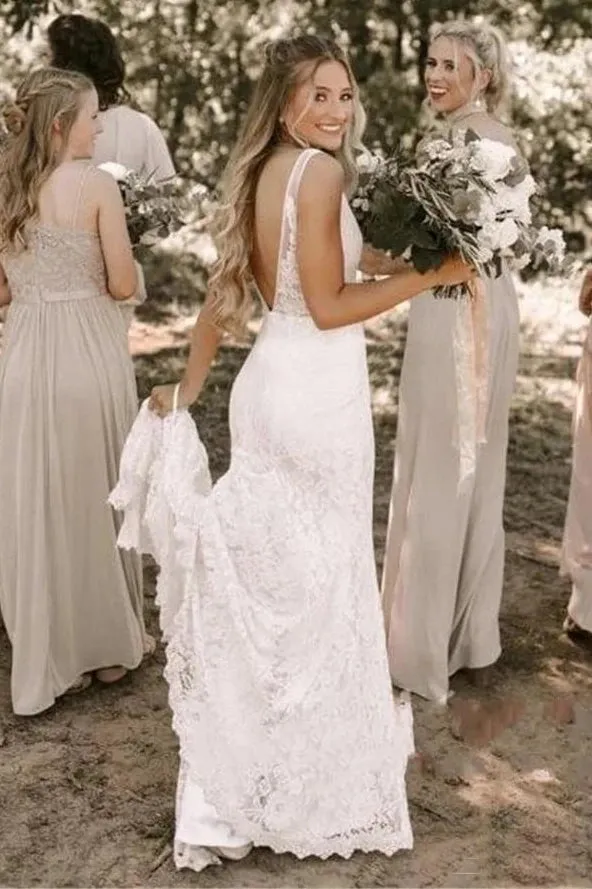 Simple Lace Sleeveless Deep-V Back Bridal Gown with Sweep Train sold by KissProm product image thumbnail 4