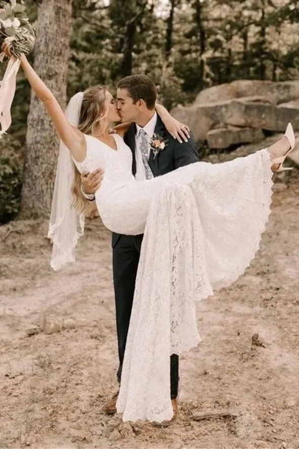 Simple Lace Sleeveless Deep-V Back Bridal Gown with Sweep Train sold by KissProm product image thumbnail 3