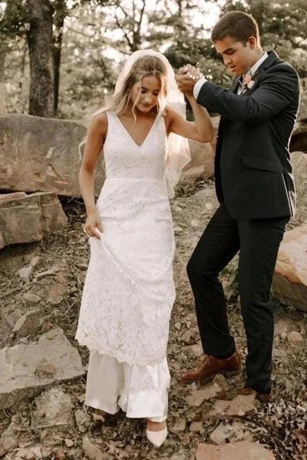 Simple Lace Sleeveless Deep-V Back Bridal Gown with Sweep Train sold by KissProm product image thumbnail 5