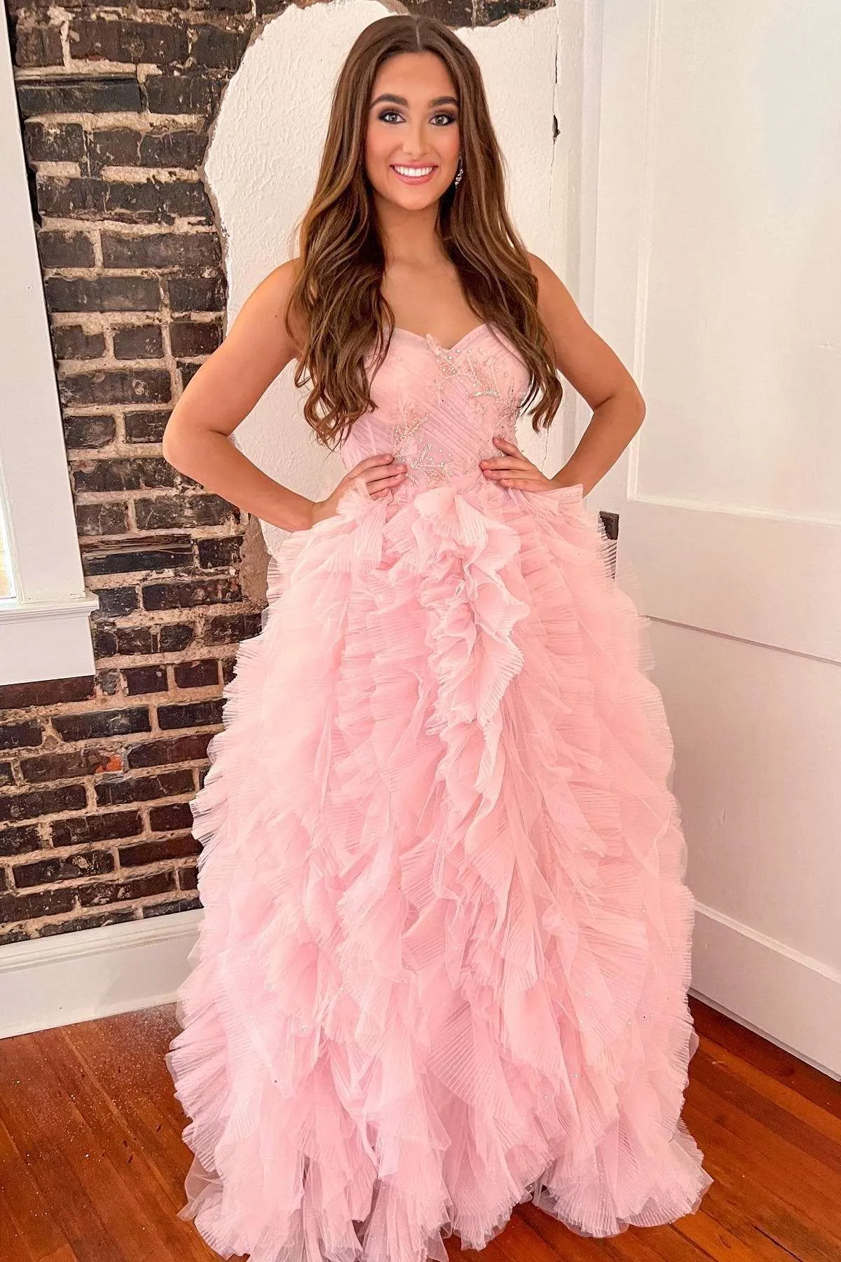 Pink Beaded Strapless Tiered Prom Dress with Ruffles sold by KissProm