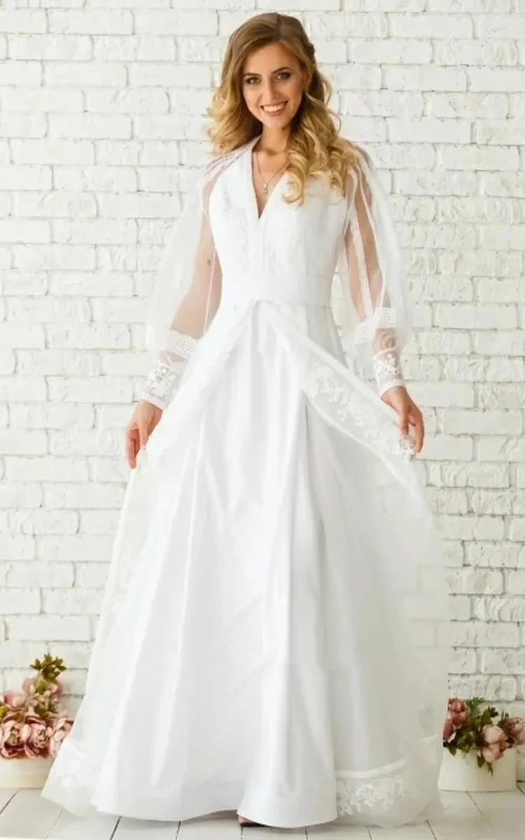 Elegant Floor-length Long Sleeve Chiffon A Line Zipper Wedding Dress with Ruching sold by KissProm