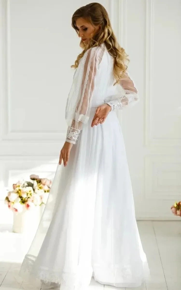 Elegant Floor-length Long Sleeve Chiffon A Line Zipper Wedding Dress with Ruching sold by KissProm product image thumbnail 2