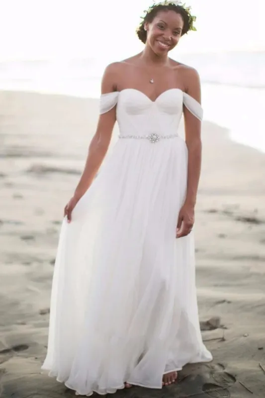 Newest White Off the shoulder Chiffon Wedding Dress With Beadings sold by KissProm