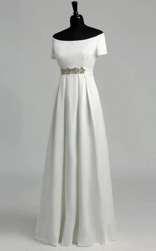 Graceful Off-the-shoulder A-line Beaded Satin Wedding Dress sold by KissProm