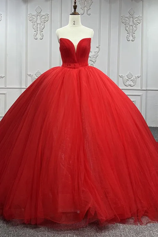 Quinceanera Dress Simple Red Sweetheart Party Dress Ruched Sleeveless Prom Dresses Ball Gown sold by KissProm