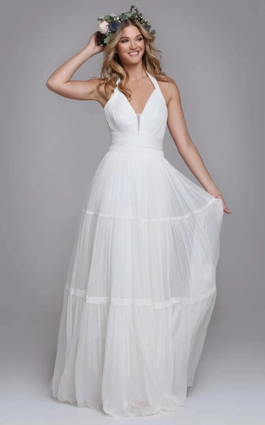 Alarica | Bohemian Halter A Line Tulle Brush Train Wedding Dress with Ruching sold by KissProm product image thumbnail 2