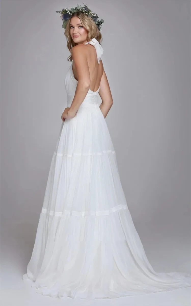 Alarica | Bohemian Halter A Line Tulle Brush Train Wedding Dress with Ruching sold by KissProm product image thumbnail 3