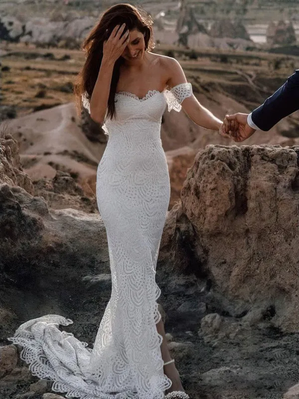 Beach Boho Lace Mermaid Backless Sleeveless White Wedding Gowns sold by KissProm